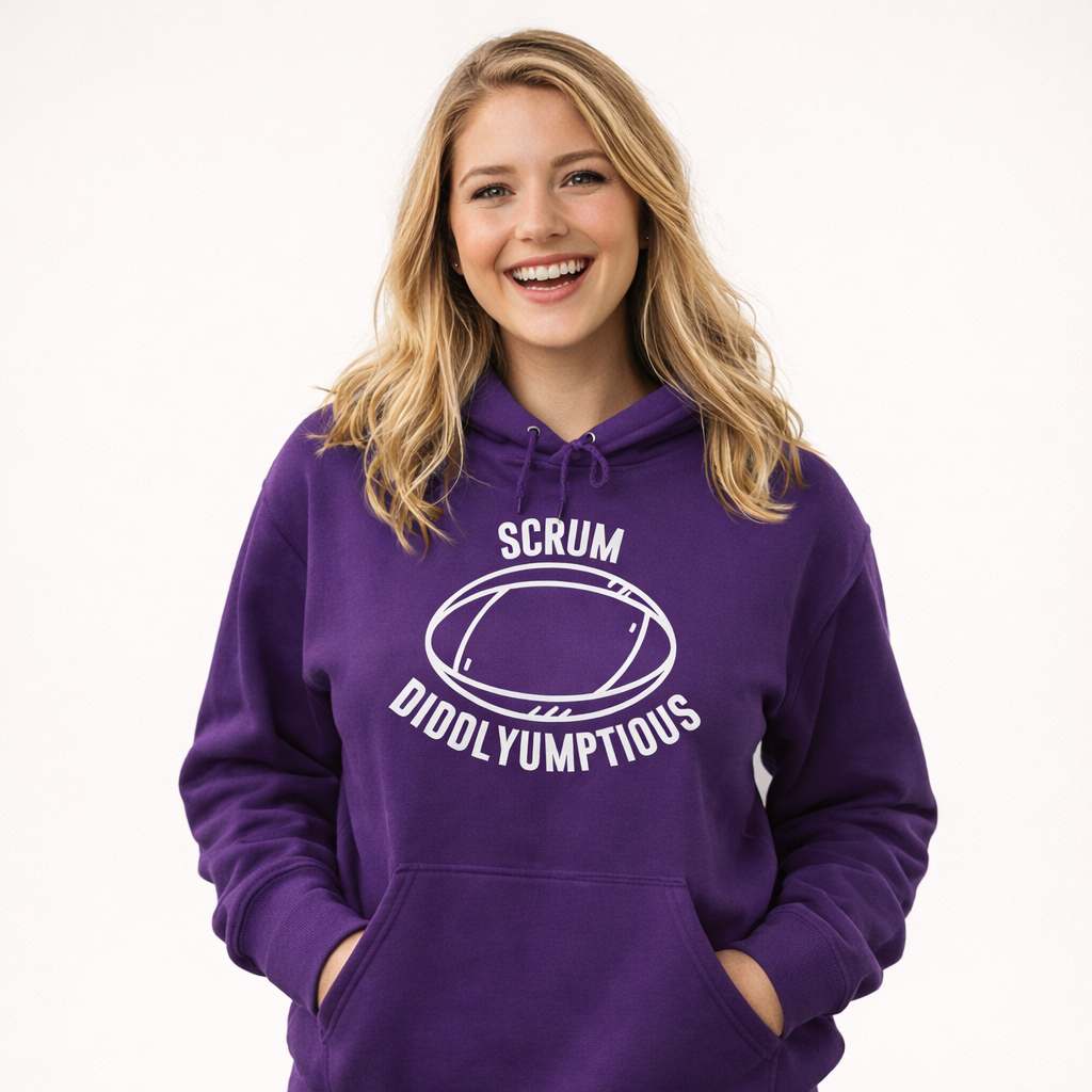 Woman wearing Scrum Diddlyumptious rugby hoodie